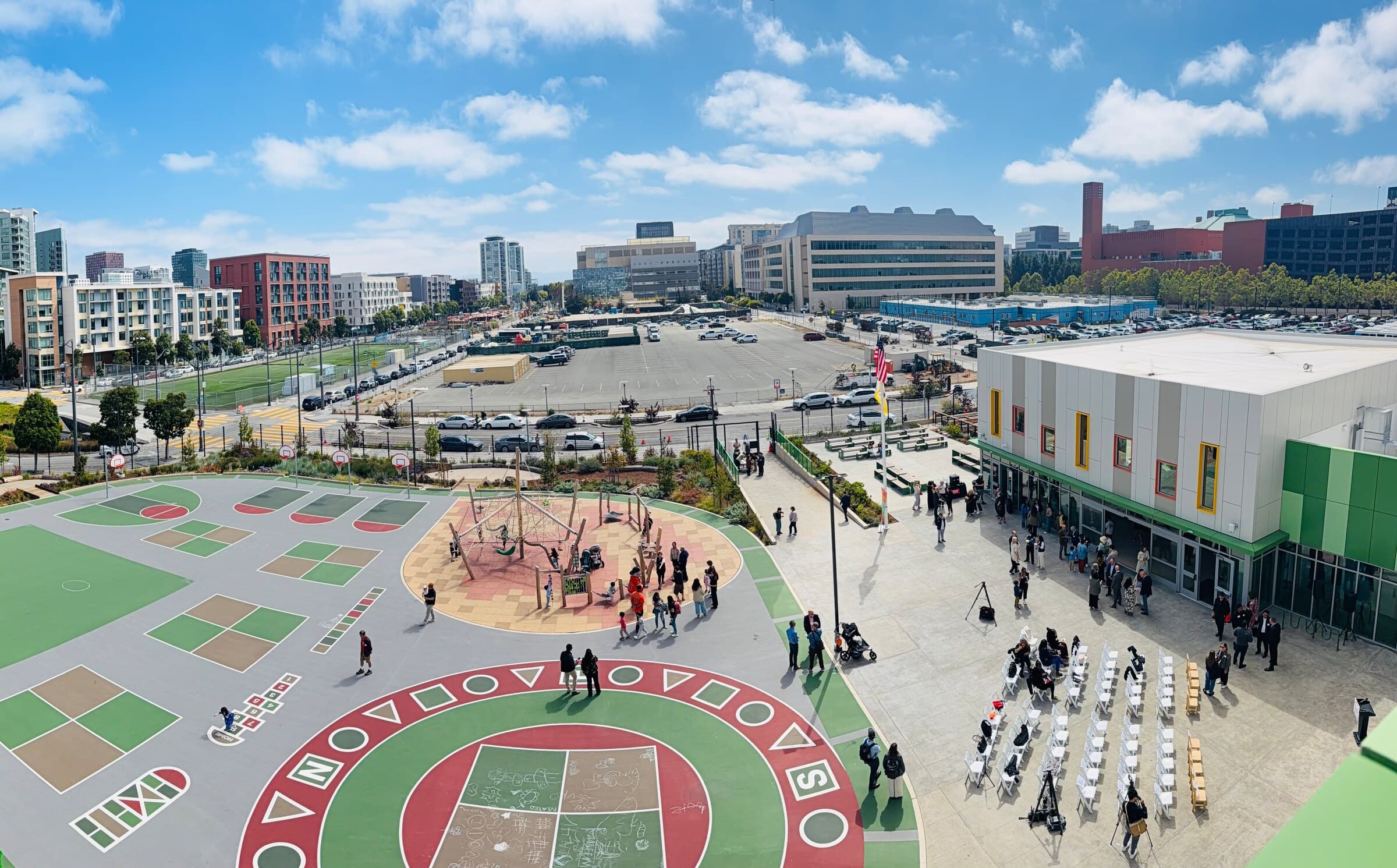Mission Bay School schoolyard, play structure and surrounding neighborhood